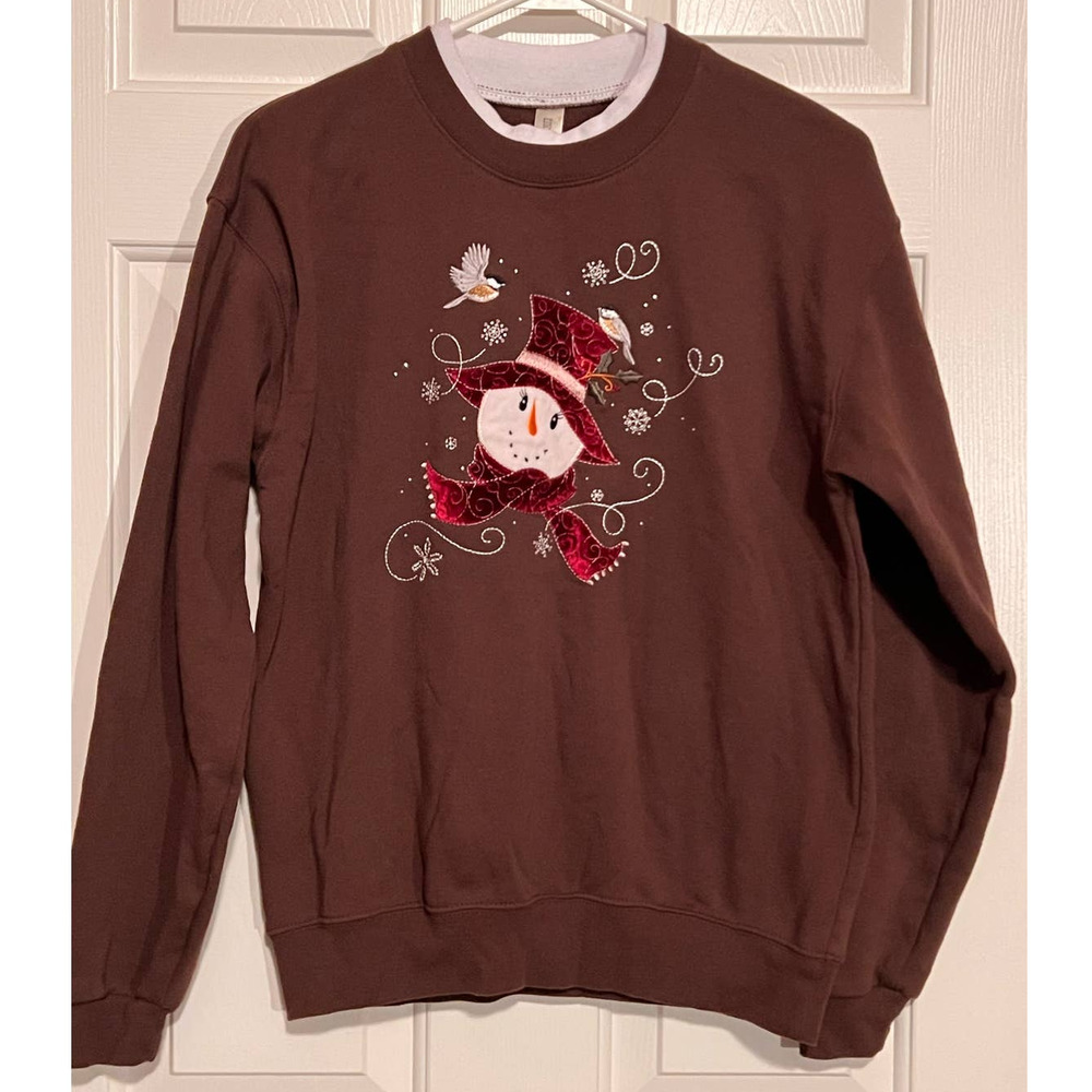 Endless Designs Brown Snowman Sweatshirt Size S 23" Long x 22" Sleeve x 20" PTP‎